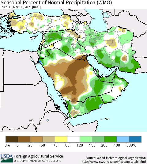 Middle East and Turkey Seasonal Percent of Normal Precipitation (WMO) Thematic Map For 9/1/2019 - 3/31/2020