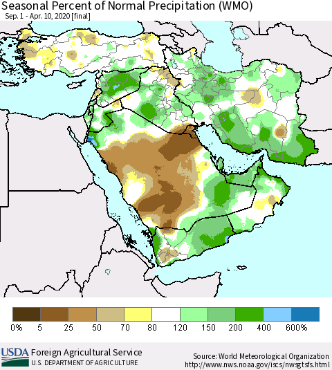 Middle East and Turkey Seasonal Percent of Normal Precipitation (WMO) Thematic Map For 9/1/2019 - 4/10/2020