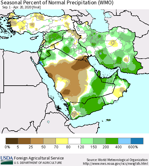 Middle East and Turkey Seasonal Percent of Normal Precipitation (WMO) Thematic Map For 9/1/2019 - 4/20/2020