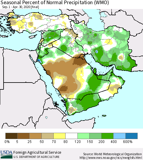 Middle East and Turkey Seasonal Percent of Normal Precipitation (WMO) Thematic Map For 9/1/2019 - 4/30/2020