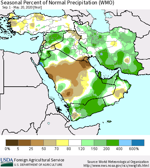 Middle East and Turkey Seasonal Percent of Normal Precipitation (WMO) Thematic Map For 9/1/2019 - 5/20/2020
