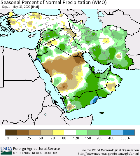 Middle East and Turkey Seasonal Percent of Normal Precipitation (WMO) Thematic Map For 9/1/2019 - 5/31/2020