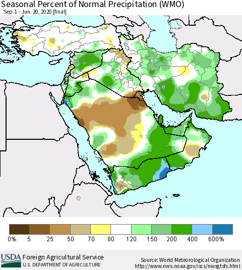 Middle East and Turkey Seasonal Percent of Normal Precipitation (WMO) Thematic Map For 9/1/2019 - 6/20/2020