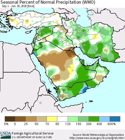 Middle East and Turkey Seasonal Percent of Normal Precipitation (WMO) Thematic Map For 9/1/2019 - 6/30/2020