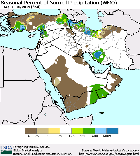 Middle East and Turkey Seasonal Percent of Normal Precipitation (WMO) Thematic Map For 9/1/2019 - 9/10/2019