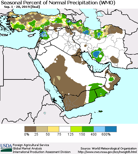 Middle East and Turkey Seasonal Percent of Normal Precipitation (WMO) Thematic Map For 9/1/2019 - 9/20/2019