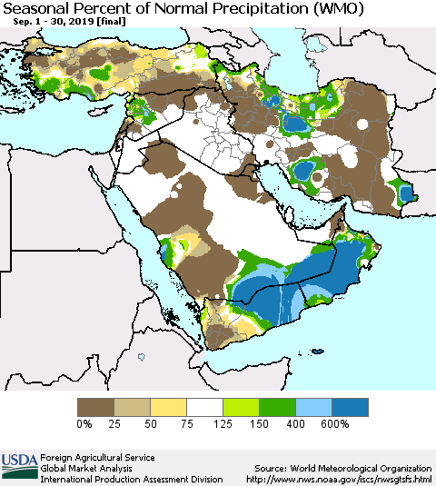 Middle East and Turkey Seasonal Percent of Normal Precipitation (WMO) Thematic Map For 9/1/2019 - 9/30/2019