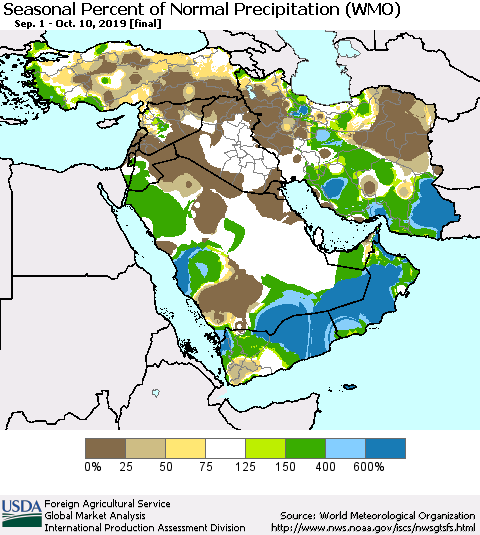 Middle East and Turkey Seasonal Percent of Normal Precipitation (WMO) Thematic Map For 9/1/2019 - 10/10/2019
