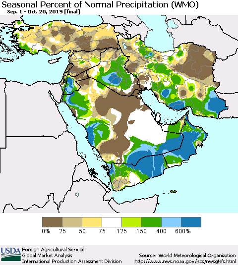 Middle East and Turkey Seasonal Percent of Normal Precipitation (WMO) Thematic Map For 9/1/2019 - 10/20/2019