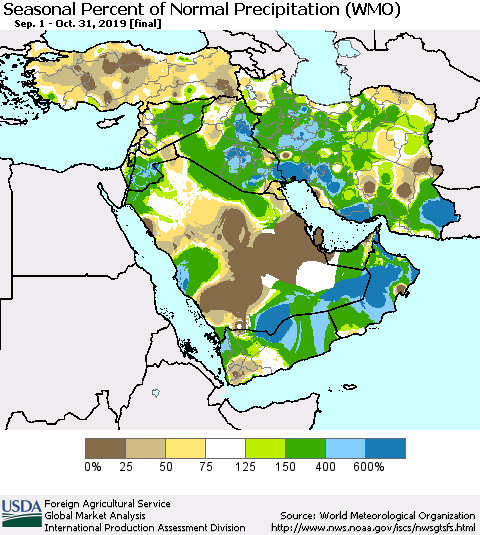 Middle East and Turkey Seasonal Percent of Normal Precipitation (WMO) Thematic Map For 9/1/2019 - 10/31/2019