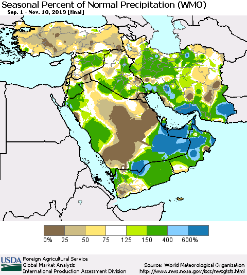 Middle East and Turkey Seasonal Percent of Normal Precipitation (WMO) Thematic Map For 9/1/2019 - 11/10/2019