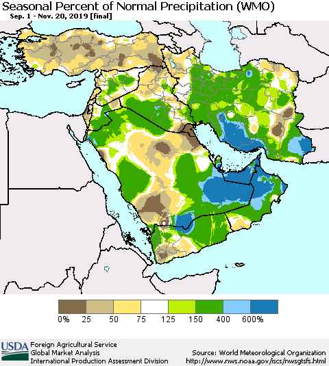Middle East and Turkey Seasonal Percent of Normal Precipitation (WMO) Thematic Map For 9/1/2019 - 11/20/2019