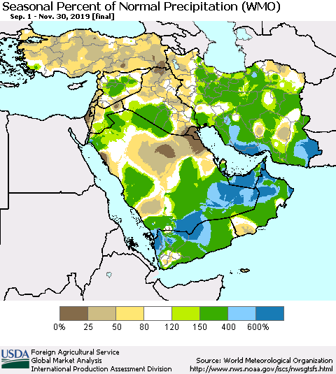 Middle East and Turkey Seasonal Percent of Normal Precipitation (WMO) Thematic Map For 9/1/2019 - 11/30/2019