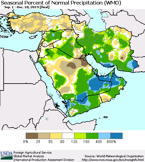 Middle East and Turkey Seasonal Percent of Normal Precipitation (WMO) Thematic Map For 9/1/2019 - 12/10/2019