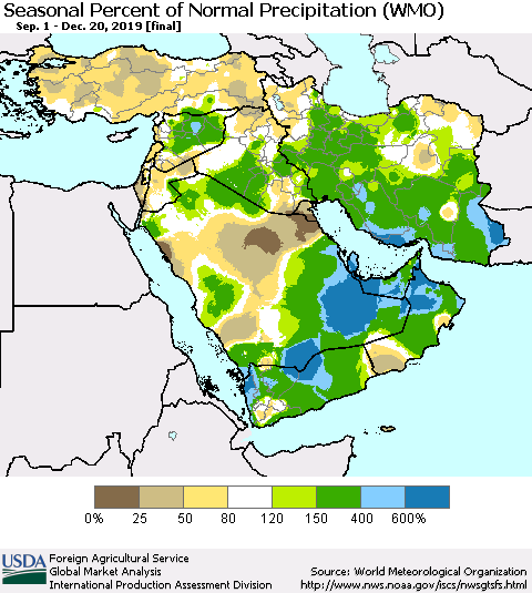 Middle East and Turkey Seasonal Percent of Normal Precipitation (WMO) Thematic Map For 9/1/2019 - 12/20/2019