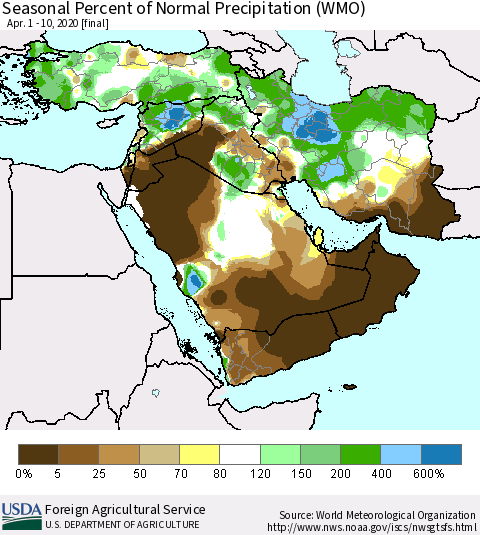 Middle East and Turkey Seasonal Percent of Normal Precipitation (WMO) Thematic Map For 4/1/2020 - 4/10/2020