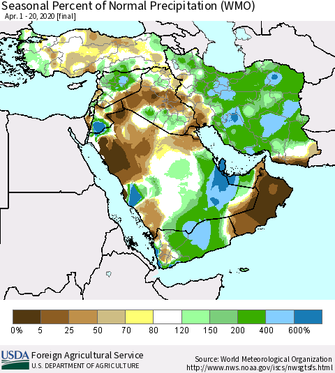 Middle East and Turkey Seasonal Percent of Normal Precipitation (WMO) Thematic Map For 4/1/2020 - 4/20/2020