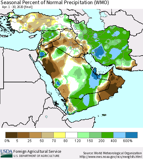 Middle East and Turkey Seasonal Percent of Normal Precipitation (WMO) Thematic Map For 4/1/2020 - 4/30/2020