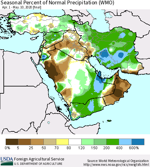 Middle East and Turkey Seasonal Percent of Normal Precipitation (WMO) Thematic Map For 4/1/2020 - 5/10/2020