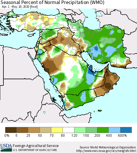 Middle East and Turkey Seasonal Percent of Normal Precipitation (WMO) Thematic Map For 4/1/2020 - 5/20/2020