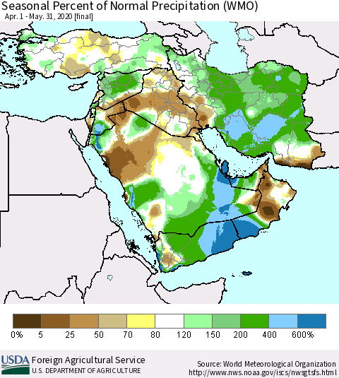 Middle East and Turkey Seasonal Percent of Normal Precipitation (WMO) Thematic Map For 4/1/2020 - 5/31/2020