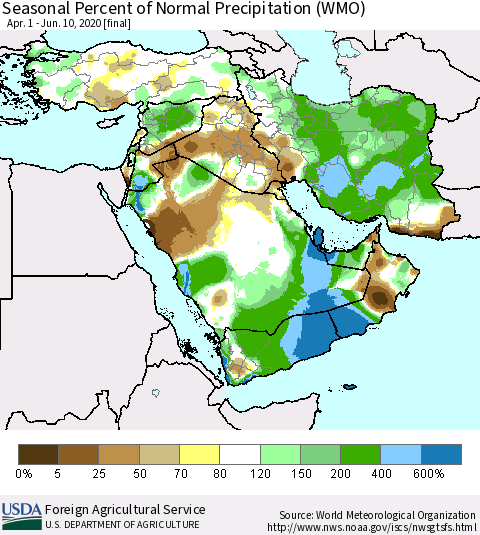 Middle East and Turkey Seasonal Percent of Normal Precipitation (WMO) Thematic Map For 4/1/2020 - 6/10/2020