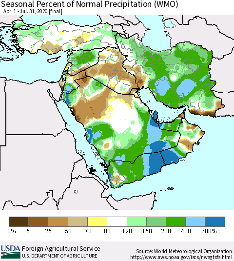 Middle East and Turkey Seasonal Percent of Normal Precipitation (WMO) Thematic Map For 4/1/2020 - 7/31/2020