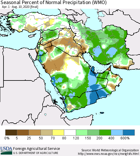 Middle East and Turkey Seasonal Percent of Normal Precipitation (WMO) Thematic Map For 4/1/2020 - 8/10/2020
