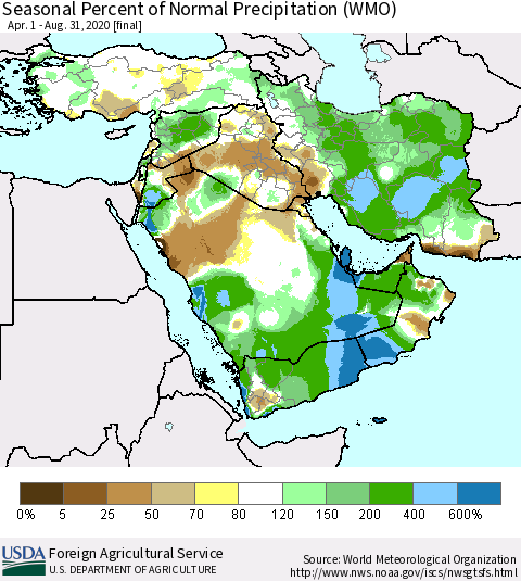 Middle East and Turkey Seasonal Percent of Normal Precipitation (WMO) Thematic Map For 4/1/2020 - 8/31/2020
