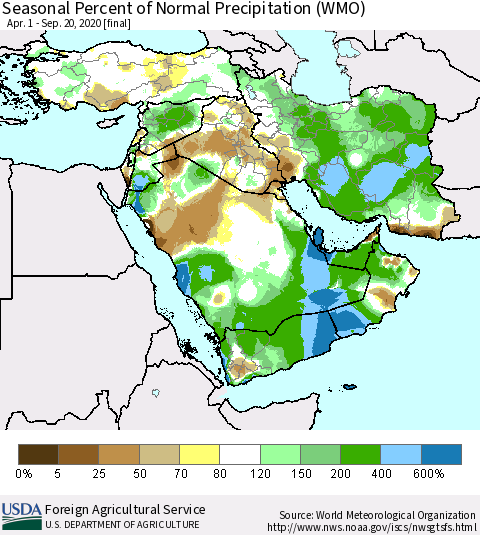 Middle East and Turkey Seasonal Percent of Normal Precipitation (WMO) Thematic Map For 4/1/2020 - 9/20/2020