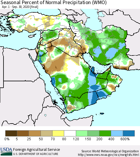 Middle East and Turkey Seasonal Percent of Normal Precipitation (WMO) Thematic Map For 4/1/2020 - 9/30/2020