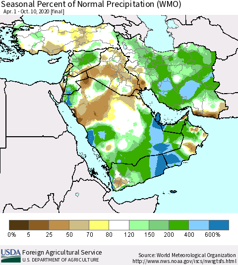 Middle East and Turkey Seasonal Percent of Normal Precipitation (WMO) Thematic Map For 4/1/2020 - 10/10/2020