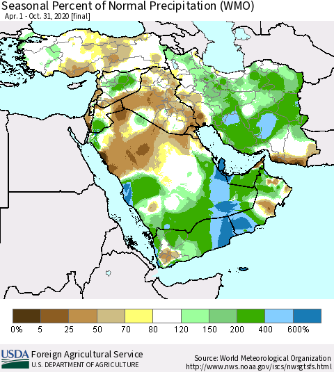 Middle East and Turkey Seasonal Percent of Normal Precipitation (WMO) Thematic Map For 4/1/2020 - 10/31/2020