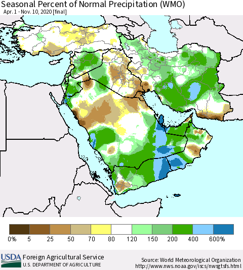Middle East and Turkey Seasonal Percent of Normal Precipitation (WMO) Thematic Map For 4/1/2020 - 11/10/2020
