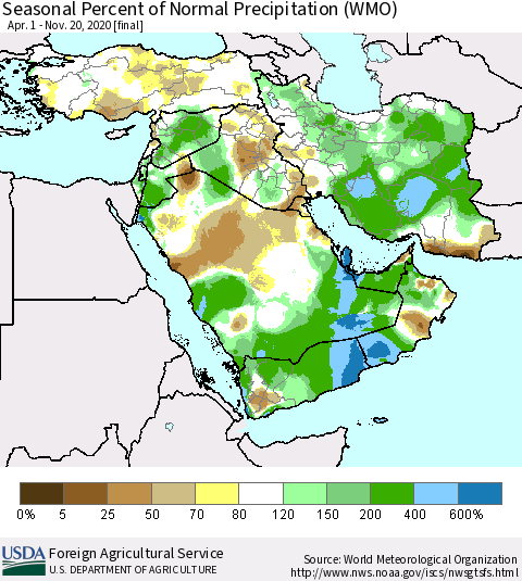 Middle East and Turkey Seasonal Percent of Normal Precipitation (WMO) Thematic Map For 4/1/2020 - 11/20/2020