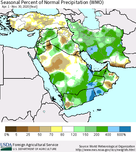 Middle East and Turkey Seasonal Percent of Normal Precipitation (WMO) Thematic Map For 4/1/2020 - 11/30/2020
