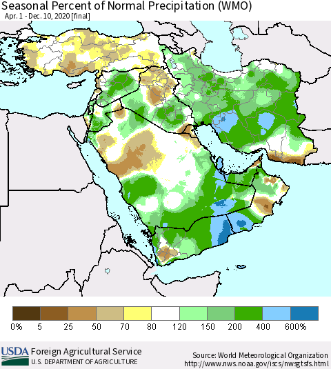 Middle East and Turkey Seasonal Percent of Normal Precipitation (WMO) Thematic Map For 4/1/2020 - 12/10/2020