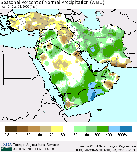 Middle East and Turkey Seasonal Percent of Normal Precipitation (WMO) Thematic Map For 4/1/2020 - 12/31/2020