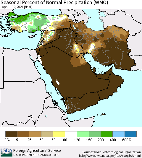 Middle East and Turkey Seasonal Percent of Normal Precipitation (WMO) Thematic Map For 4/1/2021 - 4/10/2021
