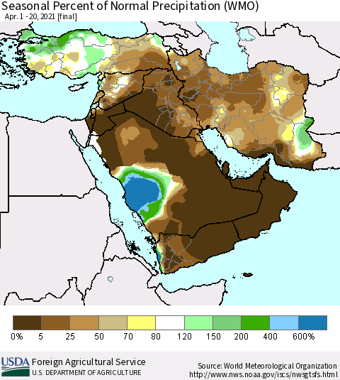 Middle East and Turkey Seasonal Percent of Normal Precipitation (WMO) Thematic Map For 4/1/2021 - 4/20/2021