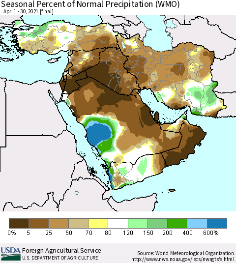 Middle East and Turkey Seasonal Percent of Normal Precipitation (WMO) Thematic Map For 4/1/2021 - 4/30/2021