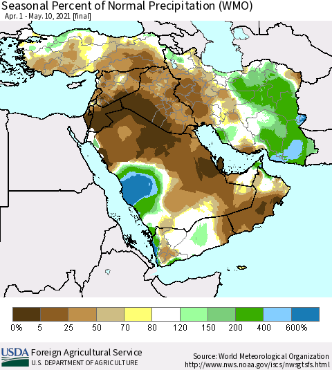 Middle East and Turkey Seasonal Percent of Normal Precipitation (WMO) Thematic Map For 4/1/2021 - 5/10/2021