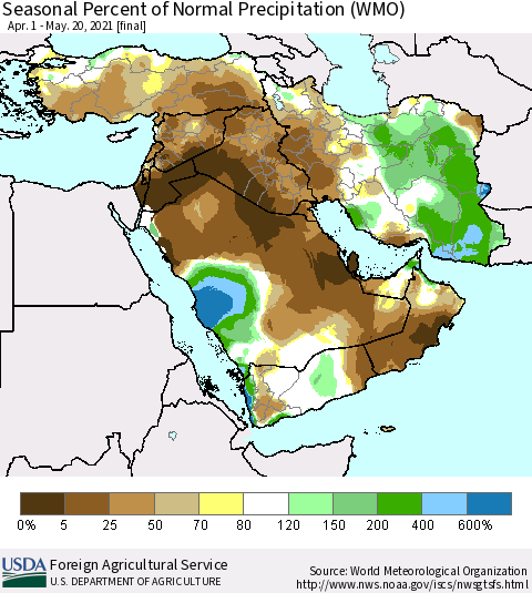 Middle East and Turkey Seasonal Percent of Normal Precipitation (WMO) Thematic Map For 4/1/2021 - 5/20/2021