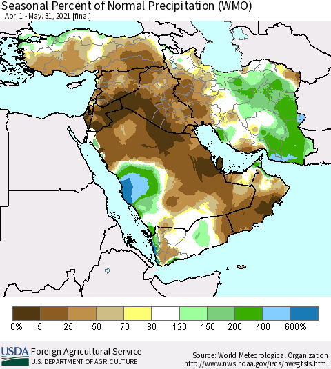 Middle East and Turkey Seasonal Percent of Normal Precipitation (WMO) Thematic Map For 4/1/2021 - 5/31/2021