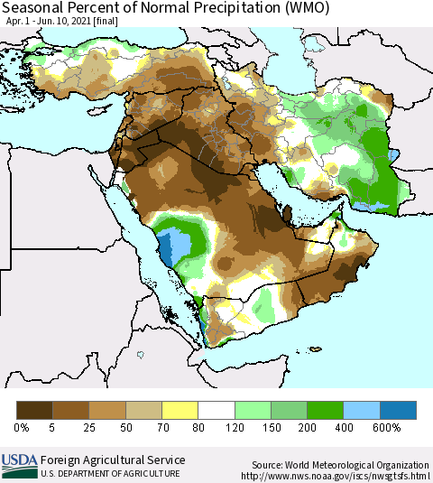 Middle East and Turkey Seasonal Percent of Normal Precipitation (WMO) Thematic Map For 4/1/2021 - 6/10/2021
