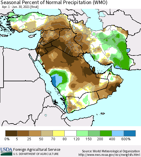 Middle East and Turkey Seasonal Percent of Normal Precipitation (WMO) Thematic Map For 4/1/2021 - 6/30/2021