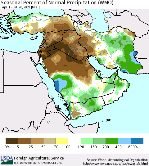 Middle East and Turkey Seasonal Percent of Normal Precipitation (WMO) Thematic Map For 4/1/2021 - 7/20/2021