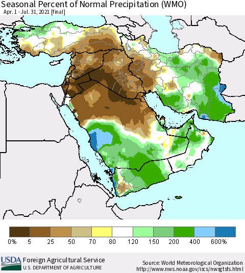 Middle East and Turkey Seasonal Percent of Normal Precipitation (WMO) Thematic Map For 4/1/2021 - 7/31/2021