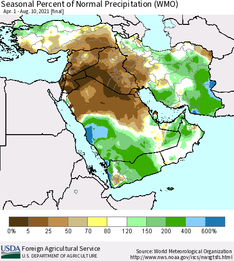 Middle East and Turkey Seasonal Percent of Normal Precipitation (WMO) Thematic Map For 4/1/2021 - 8/10/2021