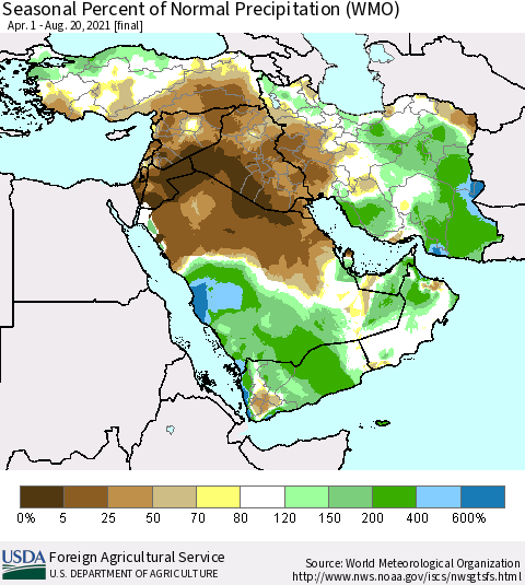 Middle East and Turkey Seasonal Percent of Normal Precipitation (WMO) Thematic Map For 4/1/2021 - 8/20/2021